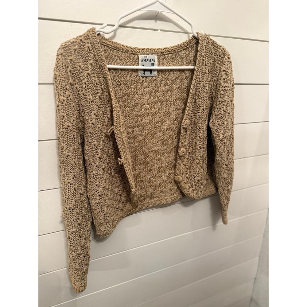 HARARI Sweater Pullover Open Knit Crochet Cropped Long‎ Sleeve Light Brown Tan